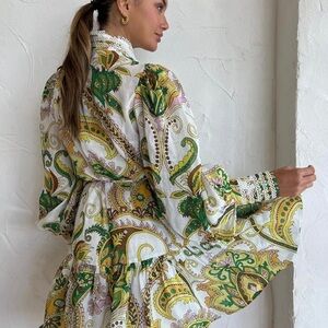 NEW With Tags- Elegant Paisely Dress with green, gold & pink accents.